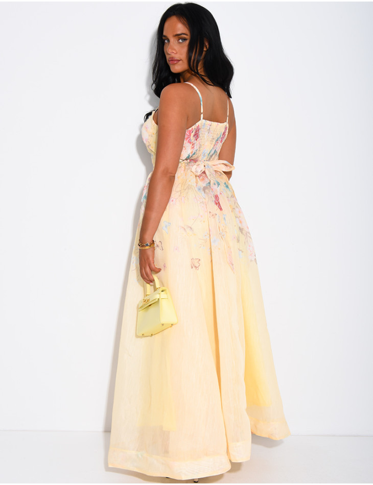 Langes Korsettkleid aus Voile mit Blumenmuster und passendem Gürtel