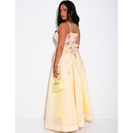 Langes Korsettkleid aus Voile mit Blumenmuster und passendem Gürtel