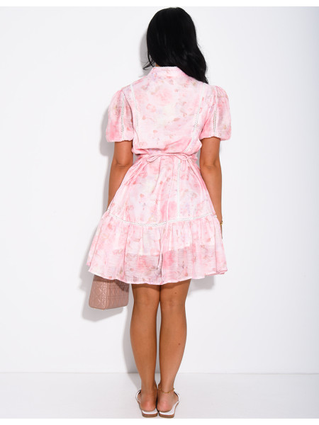 Short floral print dress with pearl buttons