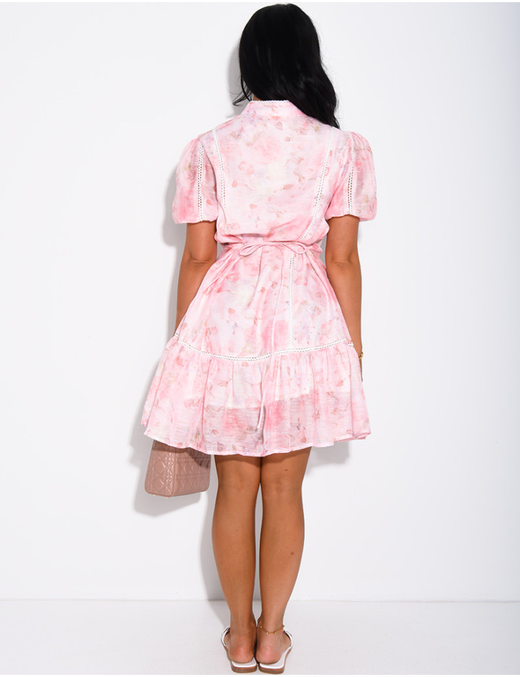 Short floral print dress with pearl buttons