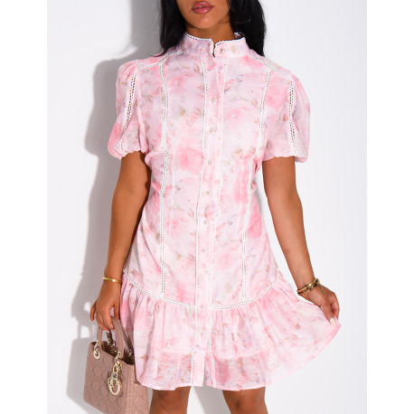 Short floral print dress with pearl buttons