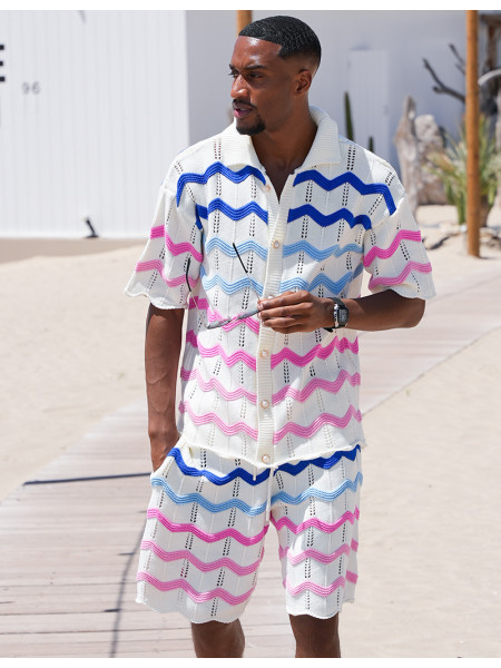 Ensemble ajouré à motifs vagues short et chemise à boutons perles