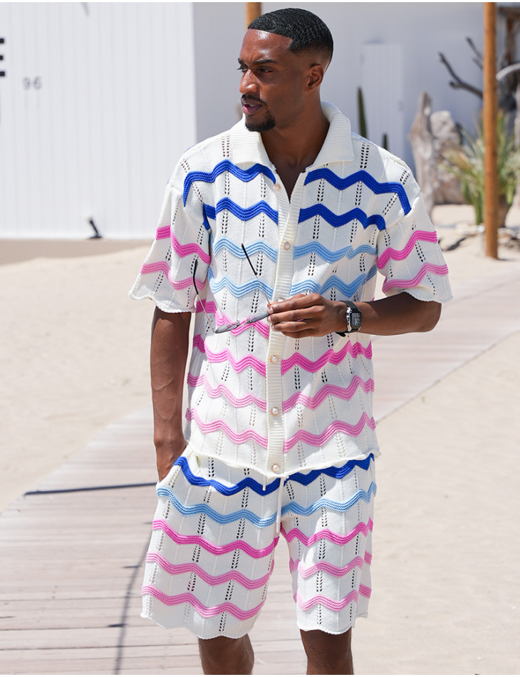 Ensemble ajouré à motifs vagues short et chemise à boutons perles