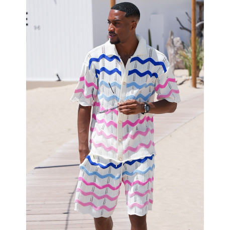 Ensemble ajouré à motifs vagues short et chemise à boutons perles