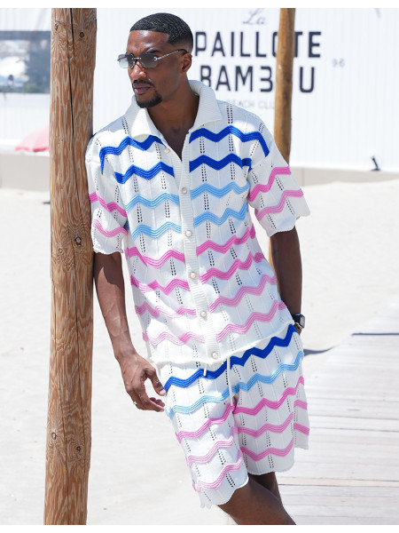 Ensemble ajouré à motifs vagues short et chemise à boutons perles