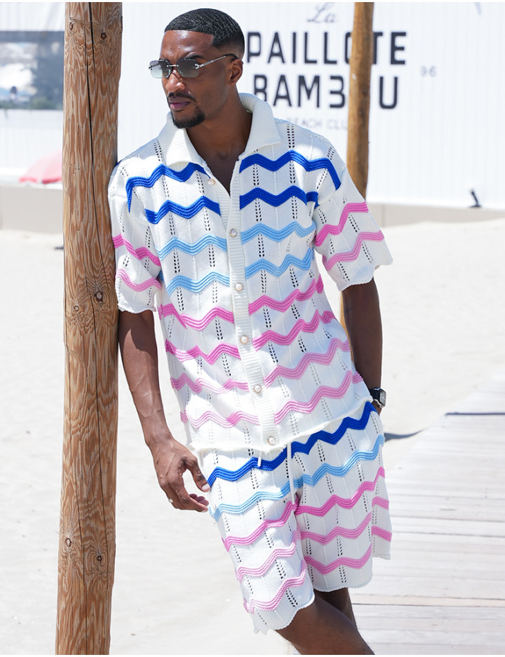 Ensemble ajouré à motifs vagues short et chemise à boutons perles