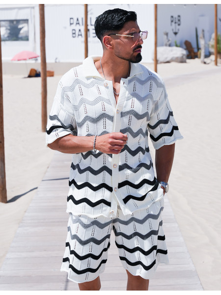 Ensemble ajouré à motifs vagues short et chemise à boutons perles