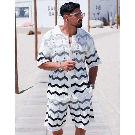 Ensemble ajouré à motifs vagues short et chemise à boutons perles