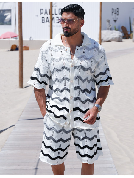 Ensemble ajouré à motifs vagues short et chemise à boutons perles