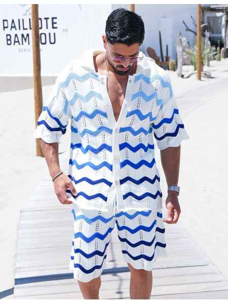 Ensemble ajouré à motifs vagues short et chemise à boutons perles