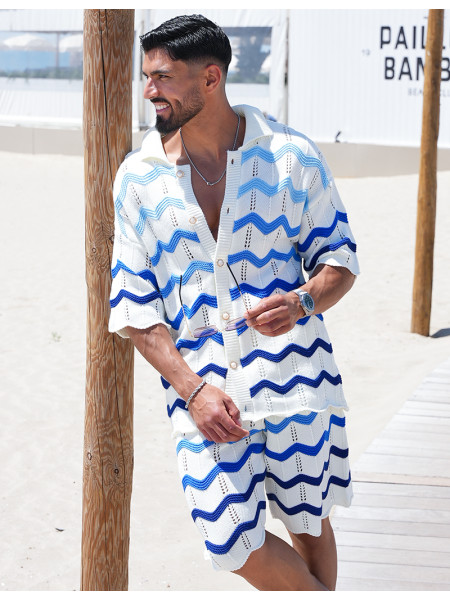 Ensemble ajouré à motifs vagues short et chemise à boutons perles