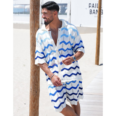 Ensemble ajouré à motifs vagues short et chemise à boutons perles