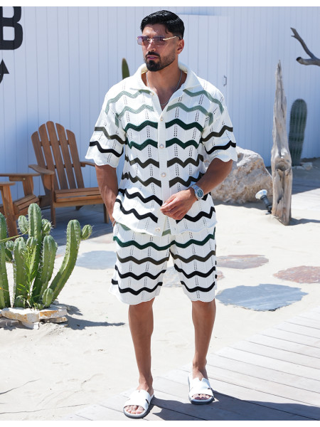 Ensemble ajouré à motifs vagues short et chemise à boutons perles