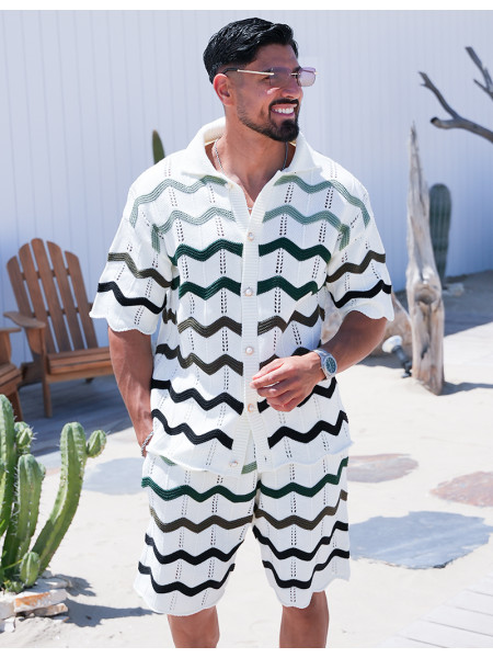 Ensemble ajouré à motifs vagues short et chemise à boutons perles