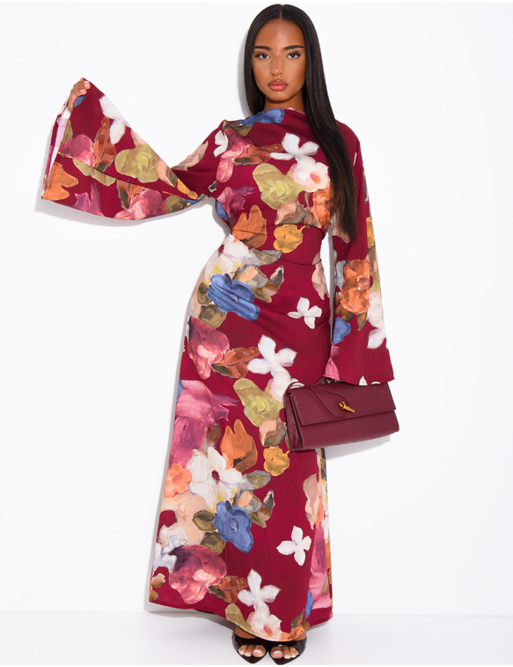 Kleid in Leinenoptik mit Blumenmuster