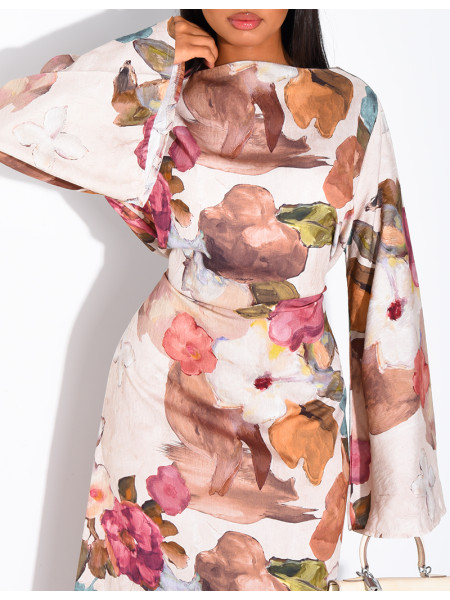 Kleid in Leinenoptik mit Blumenmuster