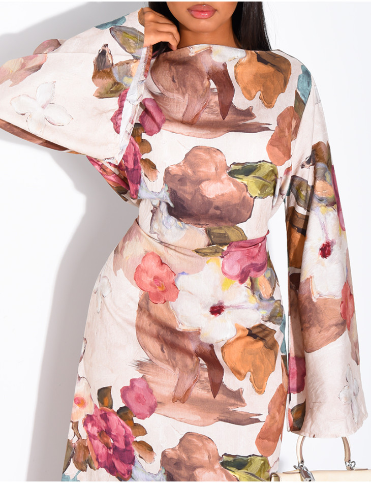 Kleid in Leinenoptik mit Blumenmuster