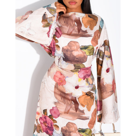 Kleid in Leinenoptik mit Blumenmuster