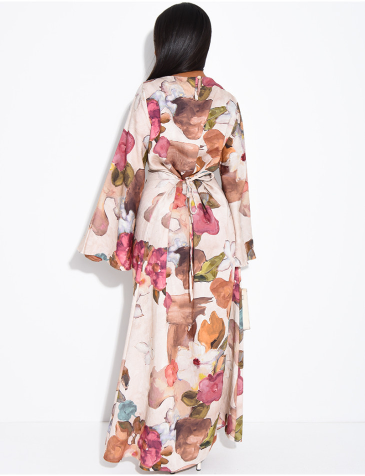 Kleid in Leinenoptik mit Blumenmuster