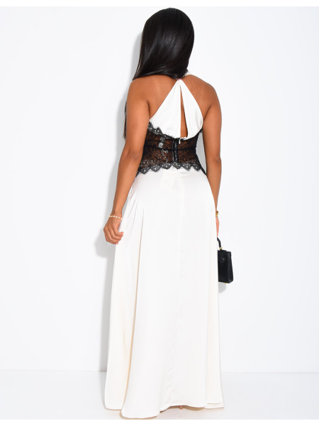 Langes Satin-Kleid mit Spitzeneinsätzen