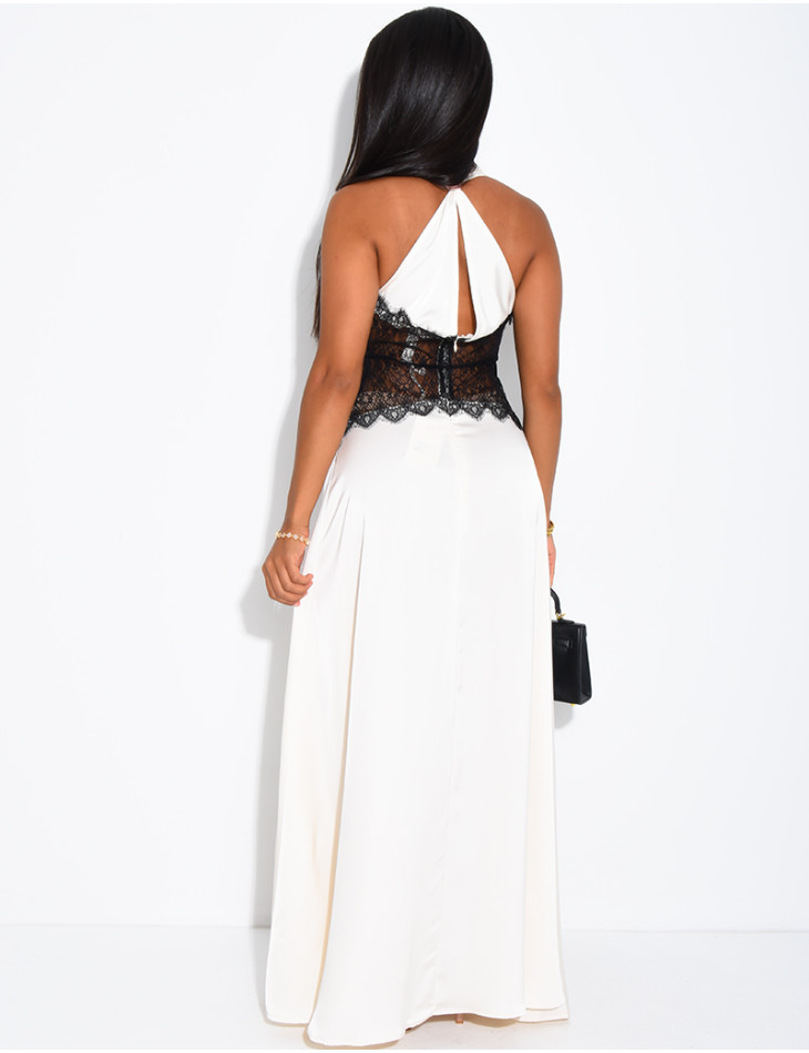 Langes Satin-Kleid mit Spitzeneinsätzen