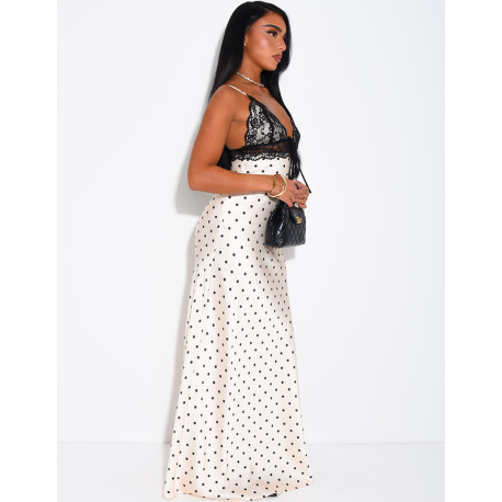 Long satin dress with polka dots and lace