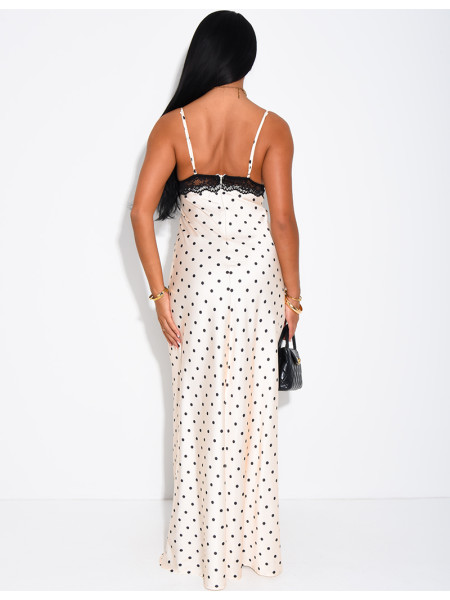 Long satin dress with polka dots and lace