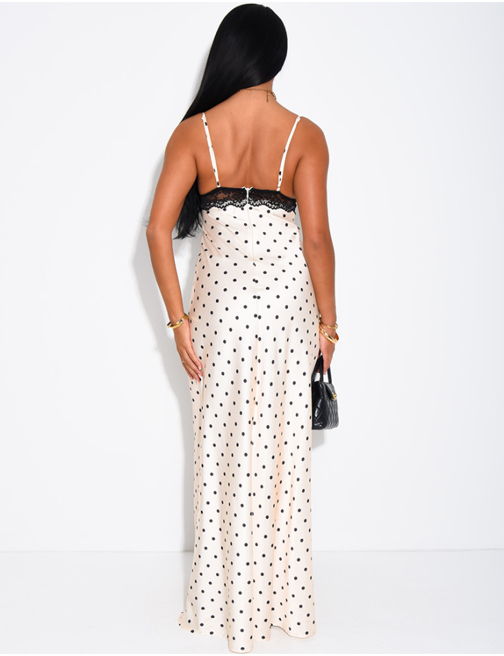 Long satin dress with polka dots and lace