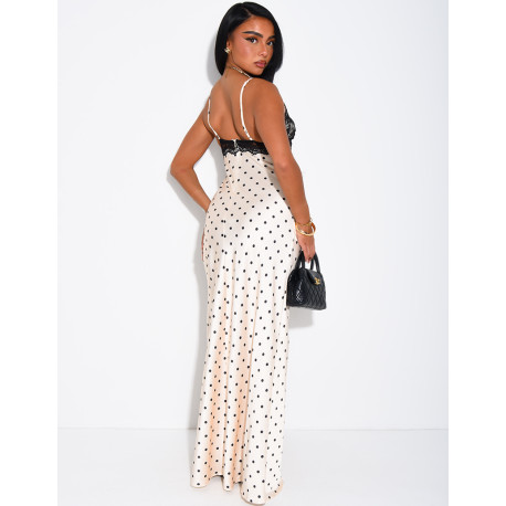 Long satin dress with polka dots and lace