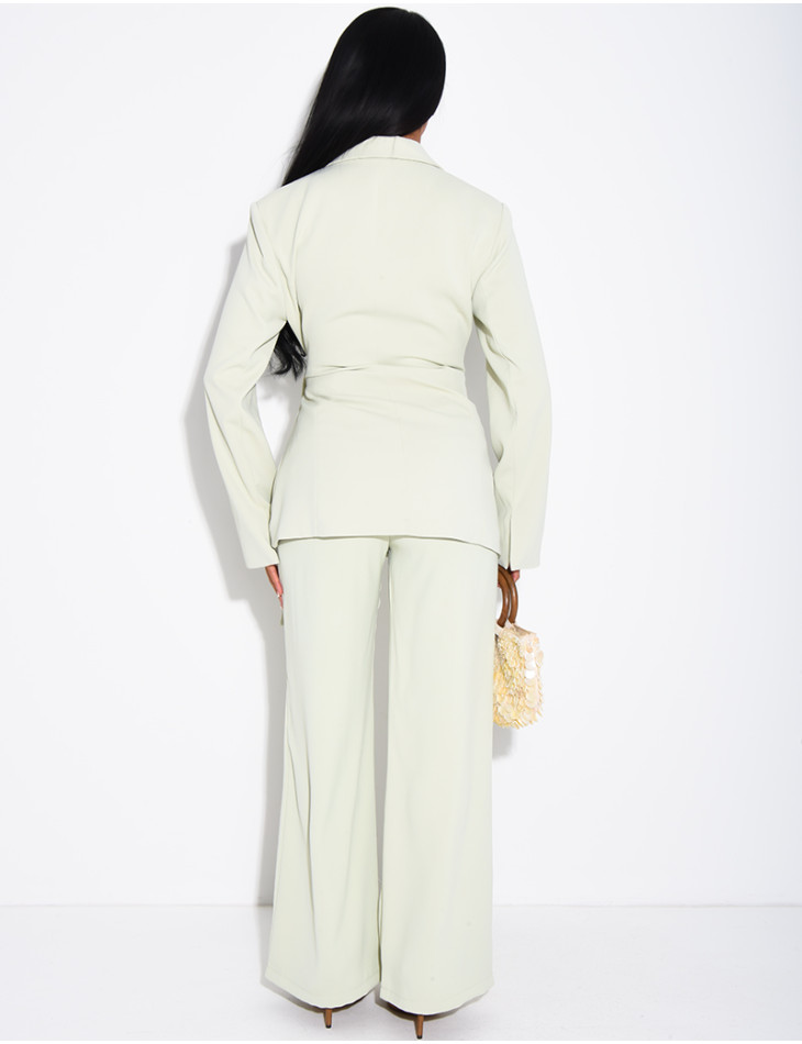 Hosenanzug-Set aus Hose und Blazer zum Binden mit goldener Brosche