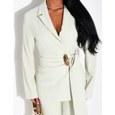 Hosenanzug-Set aus Hose und Blazer zum Binden mit goldener Brosche