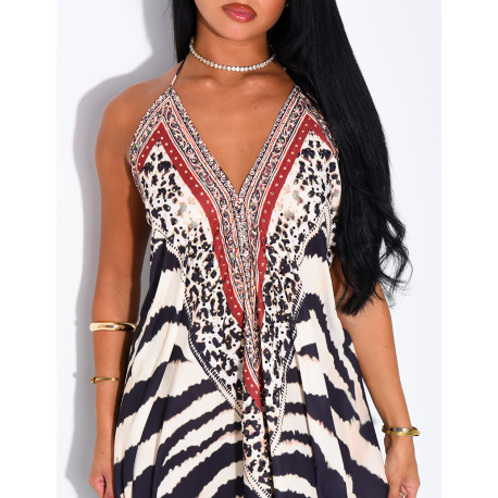 Long, backless printed dress embellished with rhinestones