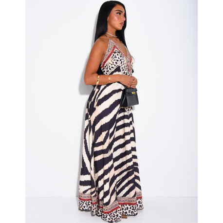 Long, backless printed dress embellished with rhinestones