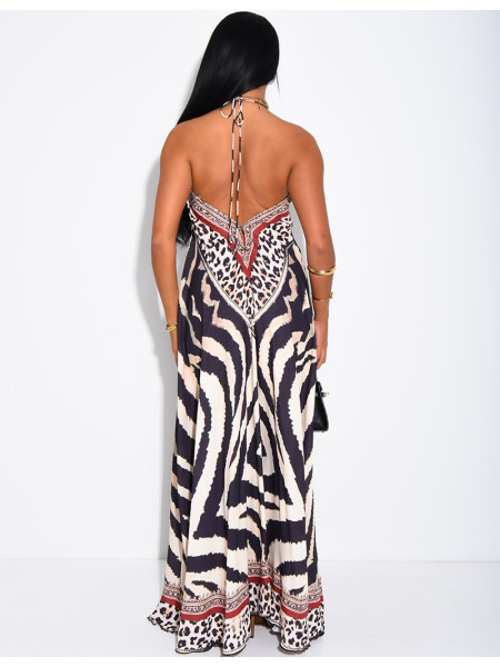 Long, backless printed dress embellished with rhinestones