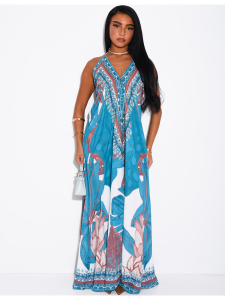Long, backless printed dress embellished with rhinestones