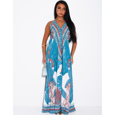 Long, backless printed dress embellished with rhinestones