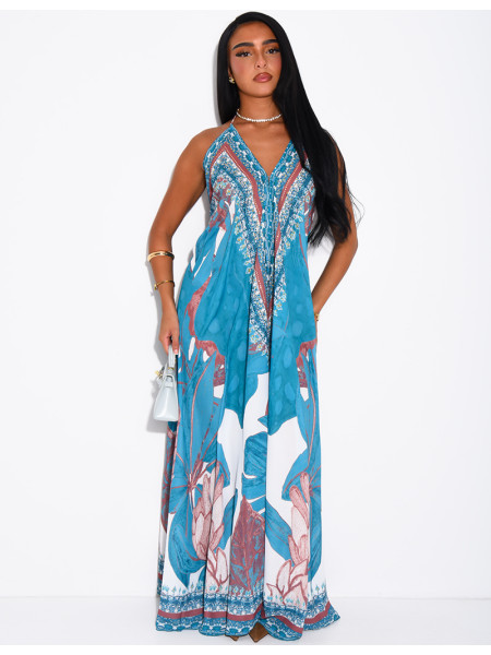 Long, backless printed dress embellished with rhinestones