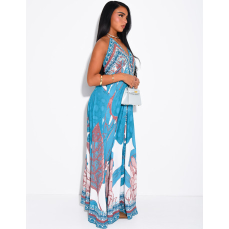 Long, backless printed dress embellished with rhinestones