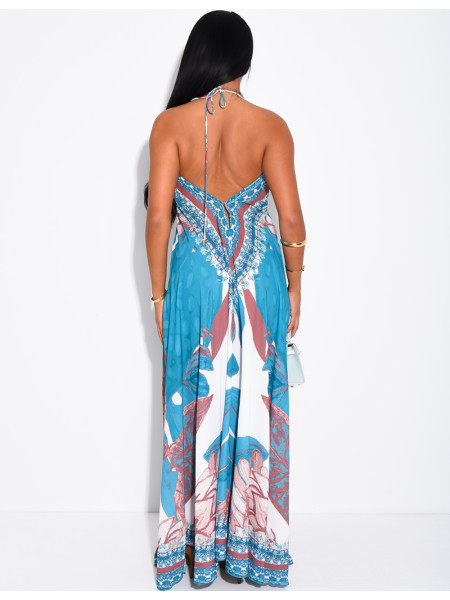 Long, backless printed dress embellished with rhinestones