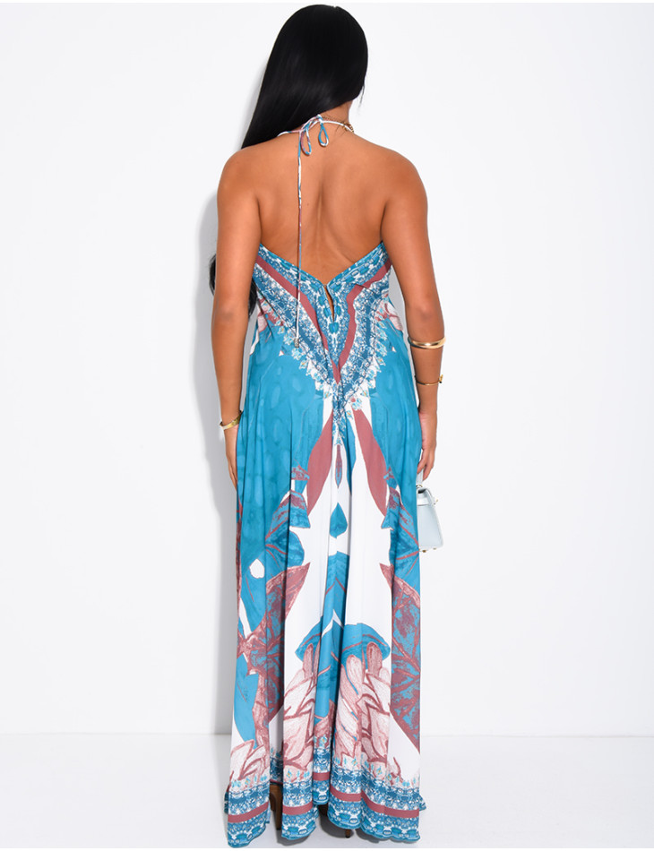 Long, backless printed dress embellished with rhinestones