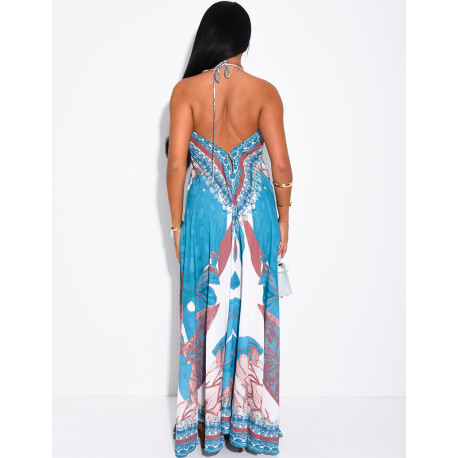 Long, backless printed dress embellished with rhinestones