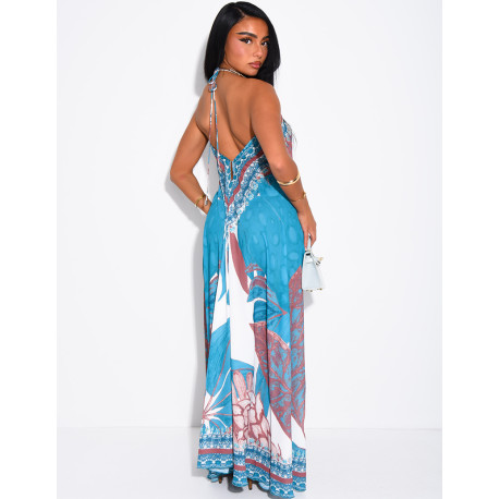 Long, backless printed dress embellished with rhinestones