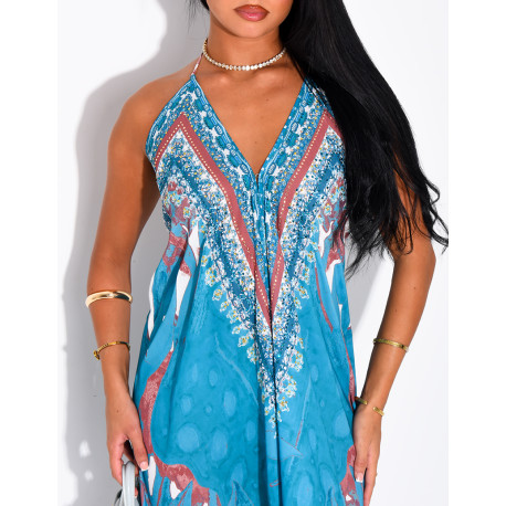 Long, backless printed dress embellished with rhinestones