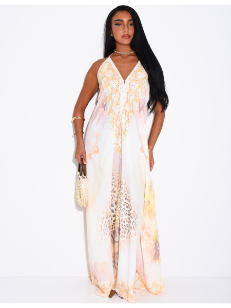 Long, backless printed dress embellished with rhinestones