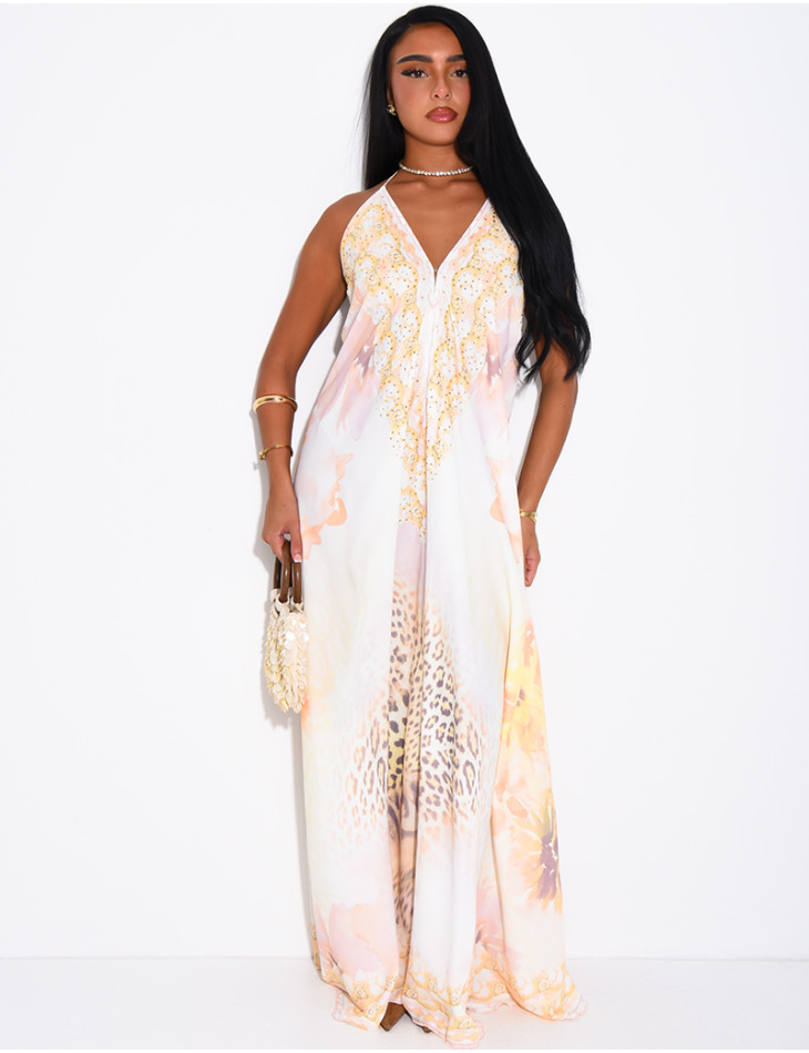 Long, backless printed dress embellished with rhinestones