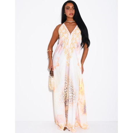 Long, backless printed dress embellished with rhinestones