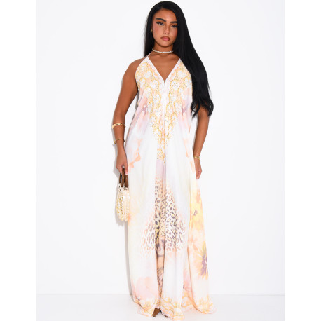 Long, backless printed dress embellished with rhinestones