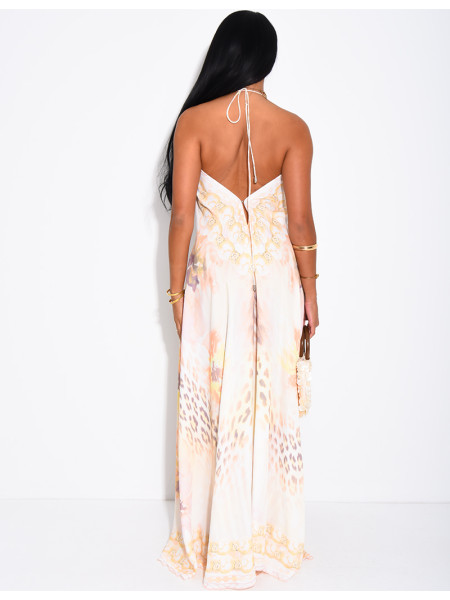 Long, backless printed dress embellished with rhinestones