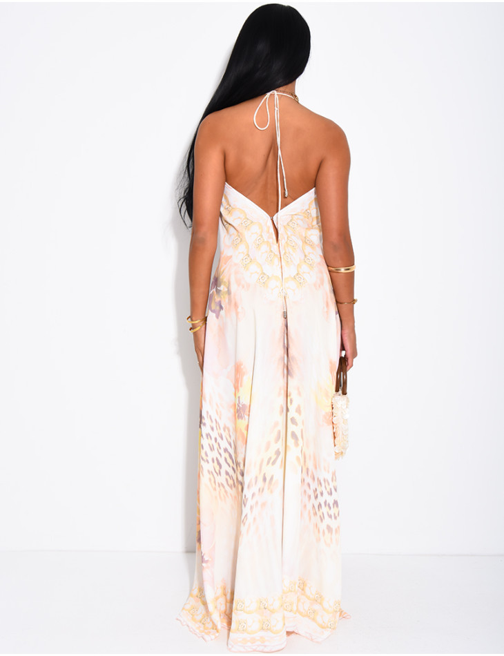 Long, backless printed dress embellished with rhinestones