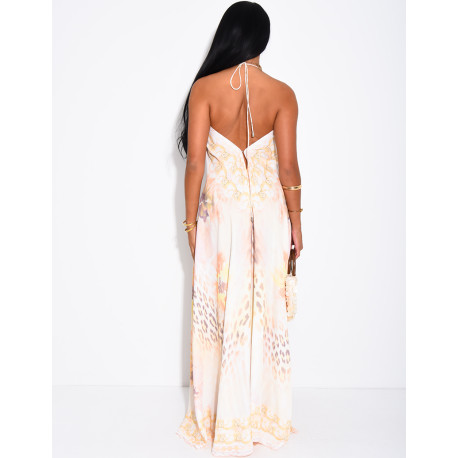 Long, backless printed dress embellished with rhinestones